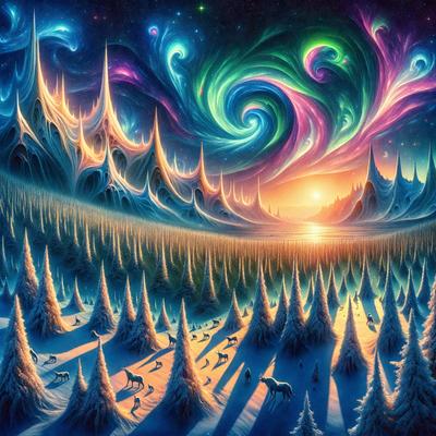 The primary subject of the image is a beautifully painted forest scene with a vibrant and colorful atmosphere. The setting is a snowy landscape, and the visual style is a combination of digital art and illustration. The colors and mood of the image are predominantly blue, green, and purple, creating a serene and enchanting environment. The forest is filled with trees, and there are several animals, including deer, scattered throughout the scene. The sun is also visible in the background, adding to the overall
